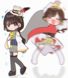 &gt;_&lt; 2girls 4th_live_dream_~bloom_the_dream_believers~ :d bare_shoulders black_hair black_shoes black_thighhighs blunt_bangs boots brown_hair cape ceras_yanagida_lilienfeld clothing_cutout col_person commentary crinoline deformed dress edelied garter_straps gold_tiara grey_cape grey_shorts hair_ribbon hashtag-only_commentary highres katsuragi_izumi link!_like!_love_live! long_hair love_live! mary_janes miyake_miu motion_blur multiple_girls notice_lines official_alternate_costume open_mouth photo-referenced real_life red_cape ribbon shindou_amane shoes shorts shoulder_cutout simple_background smile sparkle thighhighs two-sided_cape two-sided_fabric voice_actor_connection white_background white_boots white_dress wolf_cut xd yellow_ribbon