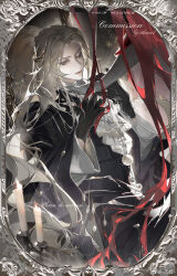 Rule 34 | 2boys, ;|, absurdres, ascot, black gloves, black robe, blonde hair, blood emperor, border, candelabra, candle, candlestand, chinese commentary, closed mouth, commission, cowboy shot, curtained hair, gem, gloves, hand around neck, hand in another&#039;s hair, hand on another&#039;s neck, hands up, highres, holding another&#039;s wrist, jewelry, laurel crown, lips, long hair, long sleeves, lord of the mysteries, male focus, multiple boys, necklace, one eye closed, ornate border, out of frame, parted bangs, pearl (gemstone), red hair, robe, shirt, sideways glance, solo focus, trunsoest (lord of the mysteries), turtleneck, turtleneck shirt, very long hair, watermark, weibo watermark, white ascot, white gloves, white shirt, wide sleeves, yellow eyes, yichun583