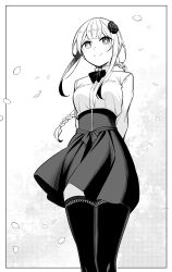 1girl absurdres arms_behind_back black_skirt black_thighhighs blush braid breasts closed_mouth falling_petals gotokuayashi high-waist_skirt highres long_braid long_sleeves looking_at_viewer mashiro_madoka medium_breasts monochrome petals sensei_ore_ni_kamawazu_itte_kudasai!! skirt smile solo split_mouth thighhighs white_hair