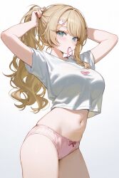 Rule 34 | 1girl, ai-assisted, character request, crop top, foame, hair tie in mouth, hairdressing, highres, mouth hold, navel, panties, solo, underwear, virtual youtuber