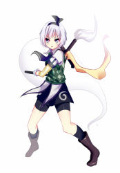 Rule 34 | 1girl, alternate costume, ascot, bike shorts, bike shorts under skirt, female focus, grey eyes, hair ribbon, katana, konpaku youmu, konpaku youmu (ghost), koumajou densetsu, koumajou densetsu 2, layered sleeves, long sleeves, looking at viewer, meng xiao jiong, open mouth, puffy short sleeves, puffy sleeves, ribbon, shirt, short hair, short over long sleeves, short sleeves, shorts, shorts under skirt, silver hair, skirt, solo, sword, touhou, vest, weapon