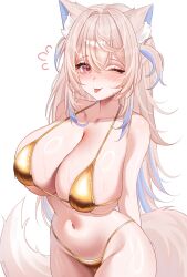 1girl ;p absurdres animal_ear_fluff animal_ears arms_behind_back bikini blonde_hair blue_hair breasts cleavage crossed_bangs dog_ears dog_girl dog_tail double-parted_bangs flying_sweatdrops fuwawa_abyssgard gold_bikini golden_week hair_between_eyes highres hololive hololive_english huge_breasts long_hair looking_at_viewer micro_bikini multicolored_hair navel one_eye_closed pink_eyes simple_background sinonamon solo streaked_hair string_bikini swimsuit tail tongue tongue_out two_side_up very_long_hair virtual_youtuber white_background