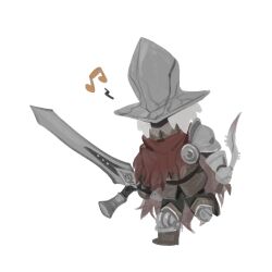 Rule 34 | 1boy, abyss watcher, arm armor, armor, armored gloves, boots, brown boots, brown cape, brown coat, cape, chibi, chinese commentary, coat, commentary request, dagger, dark souls (series), dark souls iii, full body, helmet, highres, holding, holding dagger, holding knife, holding sword, holding weapon, knee armor, knife, male focus, musical note, short hair, shoulder armor, simple background, solo, spoken musical note, sword, tworain w, weapon, white background, white hair