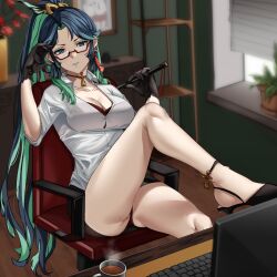 1girl absurdres aqua_eyes aqua_hair black_bra black_gloves black_hair bra bra_peek breasts chair chinese_hairpin choker coffee coffee_mug collarbone colored_inner_hair computer crossed_legs cup desk genshin_impact glasses gloves green_lips highres indoors laptop long_hair long_legs looking_at_viewer medium_breasts mug multicolored_hair ponytail red-framed_eyewear semi-rimless_eyewear shirt sitting solo trixie_(trixiex33) two-tone_hair under-rim_eyewear underwear very_long_hair white_shirt window window_blinds xianyun_(genshin_impact)