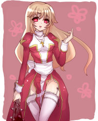 Rule 34 | 1girl, back bow, blonde hair, blood, bloody weapon, bow, breasts, brown background, club, club (weapon), commentary request, cowboy shot, cross, cross necklace, dress, frilled thighhighs, frills, garter straps, high priest (ragnarok online), holding, holding club, holding weapon, jewelry, juliet sleeves, long hair, long sleeves, looking at viewer, margaretha sorin, medium breasts, necklace, open mouth, pelvic curtain, puffy sleeves, ragnarok online, red dress, red eyes, sash, shomu (arujanainon), solo, spiked club, thighhighs, two-tone dress, weapon, white bow, white dress, white sash, white thighhighs