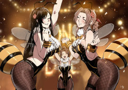 3girls aerith_gainsborough antennae arm_up arms_up arthropod_girl bad_id bad_pixiv_id bee_costume bee_girl black_hair blurry blurry_background blush braid braided_ponytail breasts brown_hair cleavage club3 confetti fake_antennae fake_wings final_fantasy final_fantasy_vii final_fantasy_vii_remake fishnet_legwear fishnets flower hair_flower hair_ornament honey_bee_inn insect_girl insect_wings jessie_rasberry leotard looking_at_viewer multiple_girls pantyhose ponytail smile stinger tifa_lockhart wings wrist_cuffs
