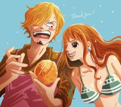 1boy 1girl apron bikini bikini_top_only blonde_hair blue_background blush commentary_request doccoi earrings eyelashes facial_hair food goatee hair_over_one_eye highres holding holding_food jewelry nami_(one_piece) one_piece pearl_earrings pink_apron sanji_(one_piece) short_hair sidelocks simple_background smile sweatdrop swimsuit