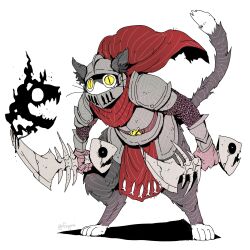 1boy animal_ears armor barefoot bone bone_weapon cape cat_boy cat_ears cat_tail chainmail constricted_pupils covered_mouth digitigrade dual_wielding ears_through_headwear fewer_digits fish_skeleton fryprai full_body furry furry_male helmet highres holding holding_bone holding_weapon knight leaning_forward legs_apart living_shadow looking_at_viewer male_focus original pauldrons pelvic_curtain red_cape shoulder_armor signature simple_background slit_pupils solo standing tail tail_raised twitter_username weapon white_background yellow_eyes