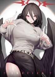 Rule 34 | 1girl, absurdres, black choker, black hair, black nails, black shorts, black skirt, black wings, blue archive, blush, bra visible through clothes, breasts, choker, commentary request, covered navel, cowboy shot, earrings, english text, finger frame, grey sweater, hair between eyes, halo, hands up, hasumi (blue archive), highres, houh888, jewelry, large breasts, long sleeves, looking at viewer, low wings, nail polish, parted lips, print sweater, red eyes, red halo, see-through clothes, see-through sweater, shadow, short shorts, shorts, shorts under skirt, side slit, skirt, solo, spotlight, standing, sweater, watermark, wings