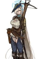 1girl armor artoria_pendragon_(fate) asuna_(blue_archive) blonde_hair blue_archive blue_pants blue_ribbon blush bow_(weapon) breasts brown_gloves cleavage crossbow gloves green_hat grin hair_over_one_eye hat hat_feather highres holding holding_crossbow holding_weapon kkghost_tv knee_pads leather_belt panties pants pauldrons quiver ribbon saber_(fate) shirt shoulder_armor smile solo underwear weapon white_panties white_shirt