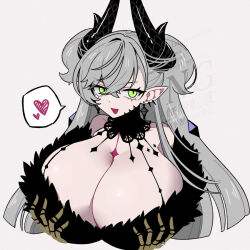 1girl breasts commentary dadadanoda demon_girl demon_horns english_commentary fate/grand_order fate_(series) green_eyes grey_hair horns large_breasts lilith_(fate) lilith_(third_ascension)_(fate) long_hair skeletal_hand snake solo