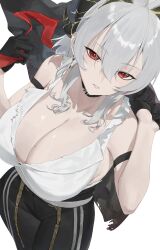 1girl absurdres arm_strap black_choker black_gloves black_horns black_pants breasts choker commentary cowboy_shot curled_horns earrings gloves grey_hair hair_between_eyes highres horns jewelry key_earrings large_breasts looking_at_viewer mole mole_on_breast mole_under_eye multicolored_hair pants parted_lips red_eyes shirt simple_background solo streaked_hair tabulagami torn_clothes torn_shirt white_background white_shirt wuthering_waves zani_(wuthering_waves)