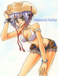 1girl bat_wings belt belt_pouch bikini bikini_top_only black_wings blue_shorts breasts brown_belt brown_hat cleavage closed_mouth commentary_request copyright_name cowboy_hat cowboy_shot fur-trimmed_shorts fur_trim hand_on_own_knee haruhana1104 hat head_wings looking_at_viewer lowres medium_breasts midriff pouch purple_hair ragnarok_online short_hair short_shorts shorts simple_background smile solo swimsuit white_background white_bikini whitesmith_(ragnarok_online) wings