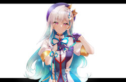 1girl absurdres beret blue_hair blue_ribbon braid closed_mouth colored_inner_hair colored_lapels commentary_request crown_hat_ornament finger_frame gloves hair_ornament half_gloves hands_up hat highres idol_clothes jacket letterboxed light_blush lize_helesta long_hair long_sidelocks looking_at_viewer multicolored_hair neck_ribbon nijisanji outside_border purple_eyes purple_gloves purple_hat ribbon sanbaka_anniversary_outfit shigure_(sigre) short_sleeves sidelocks simple_background single_hair_intake single_sidelock single_wrist_cuff smile solo split_mouth straight-on streaked_hair tassel two-tone_hair upper_body very_long_hair virtual_youtuber white_background white_hair white_jacket white_wrist_cuffs wrist_cuffs wrist_ribbon