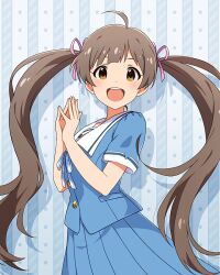 1girl ahoge aqua_background aqua_ribbon aqua_shirt aqua_skirt blush brown_eyes brown_hair cowboy_shot drop_shadow hair_ribbon hakozaki_serika idolmaster idolmaster_million_live! idolmaster_million_live!_theater_days long_hair looking_at_viewer official_art open_mouth pleated_skirt ribbon sailor_collar shirt skirt smile solo star_(symbol) summer_junior_highscool_(idolmaster) teeth twintails upper_teeth_only very_long_hair white_sailor_collar