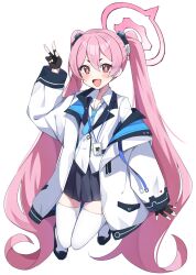 +_+ 1girl black_gloves blue_archive blue_necktie breasts collared_shirt fang fingerless_gloves formal_clothes gloves hair_between_eyes halo highres id_card jacket koyuki_(blue_archive) lanyard long_hair murase48 necktie open_mouth pink_eyes pink_hair shirt short_eyebrows simple_background skin_fang small_breasts solo suit thighhighs twintails two-sided_fabric two-sided_jacket v very_long_hair white_background white_jacket white_shirt white_suit white_thighhighs zettai_ryouiki