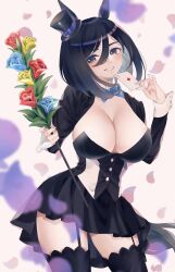 1girl animal_ears black_hair black_skirt breasts card cleavage clothing_cutout cowboy_shot detached_collar eishin_flash_(umamusume) flower garter_straps hair_between_eyes highres holding holding_card holding_flower horse_ears horse_girl horse_tail large_breasts poker skirt smile solo tail umamusume white_eyes_(20220506white)