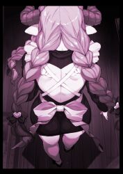 1girl apron backless_outfit braid draph from_behind granblue_fantasy hair_ribbon heart highres himukai_kyousuke horns long_hair maid monochrome multiple_braids narmaya_(granblue_fantasy) narmaya_(valentine)_(granblue_fantasy) pointy_ears ribbon solo