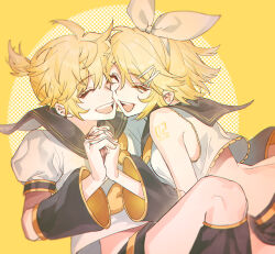 1boy 1girl :d back bare_shoulders black_sailor_collar black_shorts black_sleeves blonde_hair breasts brother_and_sister chinese_commentary closed_eyes commentary_request cropped_shirt detached_sleeves hair_ornament hair_ribbon hairclip heads_together highres holding_hands kagamine_len kagamine_rin neckerchief number_tattoo open_mouth puffy_short_sleeves puffy_sleeves rampu ribbon sailor_collar shirt short_hair short_sleeves shorts shoulder_tattoo siblings sleeveless sleeveless_shirt smile tattoo teeth twins upper_teeth_only vocaloid white_ribbon white_shirt x_hair_ornament yellow_background yellow_nails yellow_neckerchief