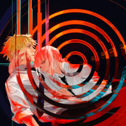 1boy 1girl bing_(gomatora5656) black_necktie black_pants blonde_hair blood blood_on_clothes blood_on_face blood_on_hands chainsaw_man collared_shirt dark_background denji_(chainsaw_man) leaning_on_person looking_afar looking_to_the_side makima_(chainsaw_man) medium_hair necktie pants red_hair shirt shirt_tucked_in short_hair sleeves_rolled_up spiral white_shirt