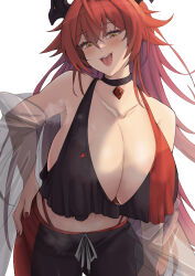 Rule 34 | 1girl, alternate costume, black choker, breasts, choker, cleavage, collarbone, commentary request, crop top, goddess of victory: nikke, highres, horns, huge breasts, jacket, long hair, mechanical horns, midriff, navel, open mouth, pants, panty straps, red hair, red hood (nikke), red nails, see-through clothes, see-through jacket, simple background, solo, teeth, two-tone pants, upper teeth only, very long hair, white background, yellow eyes, yude