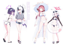 4girls :q aru_(blue_archive) bikini black_bikini black_footwear black_hair black_shrug blue_archive braid breasts cleavage closed_mouth comiket_104 cropped_jacket deadnooodles demon_girl demon_horns demon_wings denim denim_shorts flat_chest from_behind full_body grey_halo grey_jacket grey_shorts hair_between_eyes halo haruka_(blue_archive) highres horns jacket kayoko_(blue_archive) large_breasts long_hair looking_at_viewer low_ponytail multiple_girls multiple_views mutsuki_(blue_archive) navel open_fly orange_eyes orange_halo pink_eyes pointy_ears ponytail problem_solver_68_(blue_archive) purple_eyes purple_hair purple_halo purple_wings red_eyes red_hair red_halo short_shorts shorts shrug_(clothing) simple_background single_braid single_wing smile standing swimsuit tongue tongue_out translation_request white_background white_bikini white_footwear white_hair wings