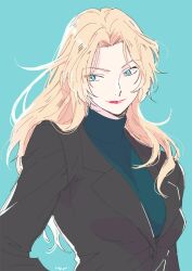 1girl black_jacket blonde_hair blue_background blue_eyes blue_sweater commentary_request jacket long_hair looking_to_the_side meitantei_conan parted_bangs red_lips signature simple_background smile solo sweater turtleneck turtleneck_sweater unome_(tknm) upper_body vermouth_(meitantei_conan)