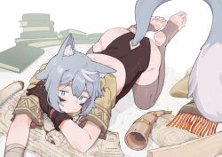 Rule 34 | 1girl, all fours, animal ear fluff, animal ears, aqua eyes, backless leotard, black gloves, black leotard, book, clothing cutout, commentary, crop top, cropped jacket, facial mark, feather necklace, feet, foreshortening, gloves, grey hair, grey thighhighs, hexagram, highres, hood, hooded jacket, jacket, jewelry, kokuya (kokuya28), leotard, magic circle, multicolored hair, necklace, on floor, original, pile of books, scarf, scroll, short sleeves, simple background, soles, solo, star (symbol), stirrup legwear, tail, tail through clothes, thick eyebrows, thighhighs, toeless legwear, toes, tribal, tribal print, whisker markings, white background, white hair, wolf ears, wolf girl, wolf tail