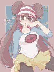 1girl artist_name back_bow black_pantyhose blue_background blue_sleeves blush border bow bra bra_strap breasts brown_eyes brown_hair character_name collarbone cowboy_shot double_bun english_text female_focus flower hair_between_eyes hair_bun hand_up hat head_tilt heart highres lemonade_kokoi long_hair long_sleeves looking_at_viewer matching_hair/eyes medium_breasts nintendo open_mouth outside_border pantyhose poke_ball_symbol pokemon pokemon_bw2 raglan_sleeves red_border red_bow red_bra red_hat rosa_(pokemon) shiny_clothes shirt short_shorts shorts sidelocks signature sitting solo spread_legs sweat tulip twintails twitter_username underwear visor_cap white_flower white_shirt wiping_sweat yellow_shorts