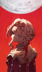 Rule 34 | 1girl, absurdres, adversarial noise, backlighting, blonde hair, blue eyes, braid, braided bangs, cloak, closed mouth, from behind, full moon, hair ribbon, highres, huge moon, kiperina, long hair, looking at viewer, looking back, low ponytail, moon, ponytail, red background, red cloak, red ribbon, reverse:1999, ribbon, solo, takiminada, turning head, upper body