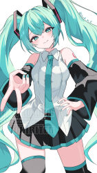 1girl absurdres aqua_eyes aqua_hair aqua_nails aqua_necktie aqua_trim bare_shoulders black_skirt black_sleeves breasts closed_mouth collared_shirt cowboy_shot crossed_bangs detached_sleeves double-parted_bangs foreshortening from_below gyaru_v hair_between_eyes hair_ornament hand_on_own_hip hatsune_miku highres long_hair long_sleeves looking_at_viewer medium_breasts miniskirt nail_polish necktie pleated_skirt shirt shoulder_tattoo simple_background skirt sleeveless sleeveless_shirt smile solo standing tattoo tie_clip twintails twitter_username urara_31_e v very_long_hair vocaloid watermark white_background white_shirt