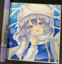 1girl :d blue_background blue_vest blush breasts commentary_request hat highres juliet_sleeves lapel_pin letty_whiterock long_sleeves medium_breasts medium_hair open_mouth puffy_sleeves purple_eyes purple_hair scarf shirt smile snowflakes solo touhou traditional_media tsugumi_(tky-fam) upper_body vest white_hat white_scarf white_shirt
