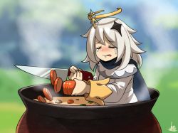 1girl carrot closed_eyes commentary_request cooking crying dress emergency_food food genshin_impact hair_between_eyes hair_ornament halo jmg knife long_sleeves open_mouth paimon_(genshin_impact) parody pot scarf solo soup steam tom_and_jerry white_dress white_hair