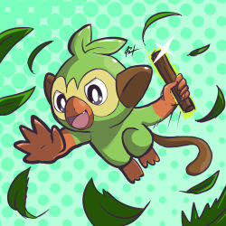 Rule 34 | absurdres, commentary, creature, english commentary, falling leaves, fang, gen 8 pokemon, green background, grookey, harlequinwaffles, highres, holding, holding stick, jumping, leaf, nintendo, no humans, open mouth, pokemon, pokemon (creature), pokemon focus, polka dot, polka dot background, signature, solo, sparkle, stick