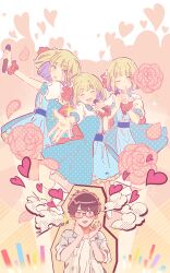 1boy 1girl blonde_hair blue_dress blush brown_hair closed_eyes commentary_request dress flower glasses glowstick grey_jacket hands_up heart highres holding holding_microphone honeyworks idol index_finger_raised jacket medium_hair microphone mikkun_04 multiple_views narumi_mona official_art open_mouth penlight_(glowstick) reaching reaching_towards_viewer rose scrunchie shirt short_hair smile sparkle watch white_shirt wrist_scrunchie wristwatch