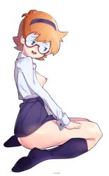 Rule 34 | 1girl, artist name, bad id, bad pixiv id, black skirt, black socks, breasts, breasts out, clothes lift, collared shirt, dress shirt, female focus, freckles, full body, hairband, highres, kneehighs, little witch academia, long sleeves, lotte jansson, miniskirt, nipples, open clothes, open mouth, open shirt, orange hair, purple eyes, purple hairband, roropull, round eyewear, semi-rimless eyewear, shirt, short hair, sitting, skirt, skirt lift, small breasts, socks, solo, thick thighs, thighs, under-rim eyewear, wariza, white background, white shirt