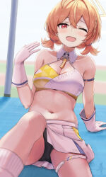 1girl absurdres bare_shoulders blonde_hair blue_archive breasts cheerleader cleavage collarbone gloves halo highres kotori_(blue_archive) kotori_(cheer_squad)_(blue_archive) large_breasts light_blush looking_at_viewer millennium_cheerleader_outfit_(blue_archive) miniskirt miyama_mizuki_(hoshihoshi1220) navel official_alternate_costume open_mouth red_eyes short_hair short_twintails sitting skirt solo stomach sweat triangle_halo twintails white_gloves white_skirt yellow_halo