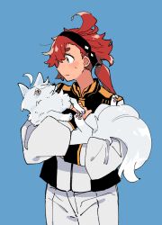 1girl animal animalization antenna_hair aqua_eyes asticassia_school_uniform black_hairband black_jacket blue_background cetacea_kw closed_mouth collared_jacket commentary_request cowboy_shot fox gundam gundam_suisei_no_majo hair_between_eyes hairband hand_up highres holding holding_animal jacket long_sleeves looking_at_another low_ponytail miorine_rembran multicolored_jacket one_eye_covered ponytail profile puffy_long_sleeves puffy_sleeves red_hair school_uniform shoulder_boards simple_background suletta_mercury sweatdrop thick_eyebrows wavy_mouth white_fur white_jacket