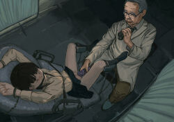 black_socks cloth_gag dildo doctor gag gagged gynecology_chair hentaiyakuin improvised_gag old old_man original recording restrained school_uniform sex_toy socks spread_legs ugly_bastard