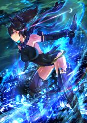 1girl armored_boots asura_ninja bare_shoulders black_hair black_leotard boots breasts brown_hair city city_lights cityscape cloud covered_navel crescent_moon dual_wielding elbow_gloves gloves glowing headgear highres holding holding_sword holding_weapon large_breasts leotard light_trail looking_at_viewer megami_device moon night night_sky ninja outdoors parted_lips ponytail reverse_grip scarf shingo_(picturepuzzle) short_sword sky solo sword thighhighs variant_set weapon