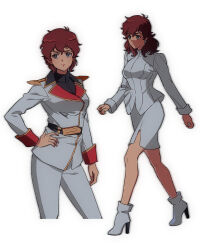 1girl alternate_universe amuro_ray brown_hair char&#039;s_counterattack commentary_request contrapposto curvy dress earrings faux_retro_artstyle genderswap genderswap_(mtf) grey_dress grey_eyes grey_jacket grey_pants grey_shoes gundam hand_on_own_hip high_collar high_heels highres jacket jewelry legs medium_hair military_uniform multiple_views neo_zeon pants pencil_skirt shoes simple_background skirt walking white_background yy0880yy