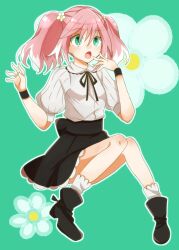 1girl :o black_shoes black_skirt colored_tips floral_background flower full_body green_background green_eyes grey_shirt hair_between_eyes hair_flower hair_ornament highres hiiragi_nana long_hair miniskirt multicolored_hair munou_na_nana outline pink_hair shirt shoes short_sleeves skirt socks solo two-tone_hair white_flower white_hair white_outline white_socks yukisa