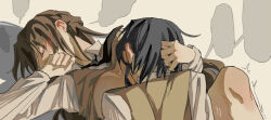 2girls between_legs black_hair blank_speech_bubble blush brown_hair brown_sweater_vest chinese_commentary closed_eyes clothes_lift collared_shirt commentary_request commission highres lanserongjie long_hair miyagi_shiori multiple_girls second-party_source sendai_hazuki shirt shirt_lift shuuniichido_classmate_wo_kau_hanashi speech_bubble sweater_vest white_shirt yuri