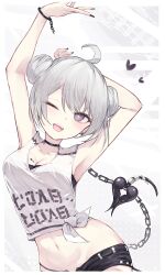 1girl ;d absurdres ahoge armpits arms_up belt black_nails breasts chain chained choker cleavage cowboy_shot crop_top cuffs double_bun hair_bun handcuffs heart heart-shaped_pupils highres jewelry looking_at_viewer micro_shorts midriff nail_polish navel one_eye_closed open_mouth original reizouko shirt short_hair short_shorts shorts sleeveless smile solo symbol-shaped_pupils tattoo tatu tied_shirt white_shirt
