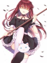 1boy 707_(susanghan_messenger) black_dress black_shoes blurry broom cat censored choker collarbone commentary crossdressing depth_of_field dress frilled_choker frills hair_between_eyes highres holding holding_broom leg_up looking_at_viewer male_focus novelty_censor orange_eyes parted_lips puffy_short_sleeves puffy_sleeves shaded_face shoes short_sleeves susanghan_messenger tamagoyaki_(megane-daisuki) thighhighs trap white_background white_thighhighs