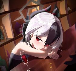 Rule 34 | 1girl, absurdres, alcohol, bar (place), bare shoulders, black choker, black dress, black hair, black horns, black nails, blue archive, blush, bottle, bright pupils, chinese commentary, choker, clenched hand, closed mouth, commentary, crossed arms, cup, demon girl, demon horns, dress, drinking glass, drunk, dutch angle, ear piercing, eyes visible through hair, grey halo, hair ornament, hairclip, halo, highres, horns, indoors, kayoko (blue archive), kayoko (dress) (blue archive), lcz, leaning forward, long hair, looking at viewer, mole, mole on neck, multicolored hair, nail polish, official alternate costume, official alternate hairstyle, piercing, red eyes, sitting, sleeveless, sleeveless dress, solo, split mouth, tsurime, two-tone hair, upper body, white hair, white pupils, wine, wine glass