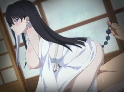 1boy 1girl anal_beads anal_fluid artist_name black_hair blue_eyes blush breasts colored_inner_hair dutch_angle earrings eufoniuz from_side hetero highres indoors japanese_clothes jewelry kimono kyokou_suiri large_breasts long_hair multicolored_hair nipples open_clothes open_kimono open_mouth profile revision sex sex_toy white_hair white_kimono yuki-onna_(kyokou_suiri)