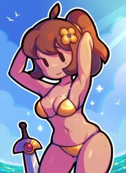 1girl ahoge arms_up ass_freckles bikini black_eyes body_freckles breasts brown_hair cleavage closed_mouth cloud collarbone cowboy_shot female_focus flower freckles freckles_on_breasts gold_bikini hair_flower hair_ornament hands_in_hair highres kalia3see navel original outdoors outline ponytail skindentation sky smile solo swimsuit sword water weapon white_outline yellow_flower