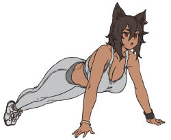 1girl animal_ears bare_arms bare_shoulders bastet_(houtengeki) black_hair bracelet breasts cleavage collarbone ear_piercing exercising full_body grey_pants grey_sports_bra houtengeki jewelry large_breasts medium_hair navel open_mouth original pants piercing red_eyes shoes simple_background sneakers solo sports_bra white_background yoga yoga_pants