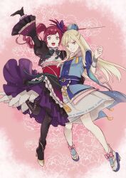 blonde_hair braid brown_eyes chacha gloves grey_eyes hair_ornament hair_ribbon high_heels hosokawa_gracia hug japanese_clothes kimono lace-trimmed_sleeves lace_trim long_hair medium_hair obi open_mouth pantyhose platform_sandals red_hair ribbon sash sengoku_musou skirt smile tabi twintails